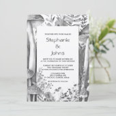 Invitation Champignons de bois gris noir blanc Mariage d'arge (Debout devant)