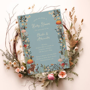 Invitation champignons des bois baby shower bleu fleur sauvag