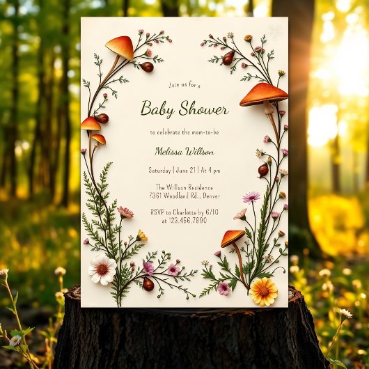 Invitation Champignons des bois Baby shower Boho rustique