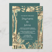 Invitation Champignons en or Turquoise foncé Woodland Mariage (Devant / Derrière)