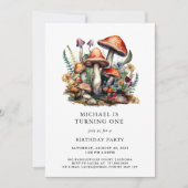 Invitation Champignons enchantés Bois de bois premier anniver (Devant)