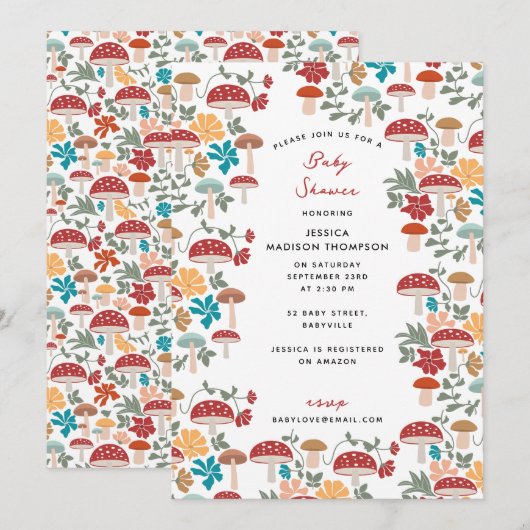 Invitation Champignons et Baby shower Floral du milieu du siè (Devant / Derrière)