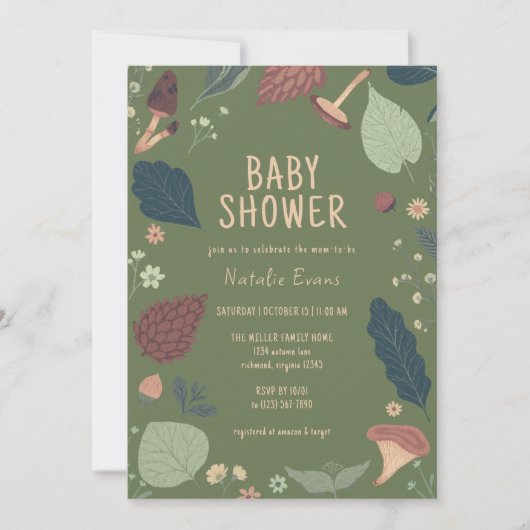 Invitation Champignons et Feuilles | Baby shower vert neutre (Devant)