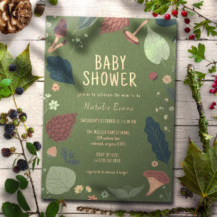 Invitation Champignons et Feuilles   Baby shower vert neutre