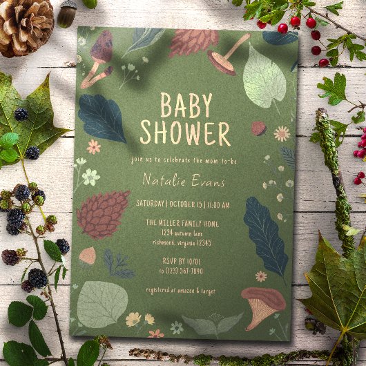 Invitation Champignons et Feuilles | Baby shower vert neutre
