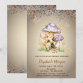 Invitation Champignons Maisons Baby shower à papillon d'or (Devant / Derrière)