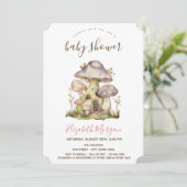 Invitation Champignons Maisons Baby shower à rayures roses (Debout devant)