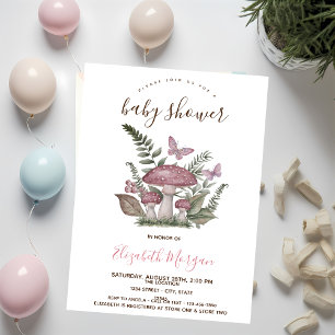 Invitation Champignons Papillon Rayures Roses Baby Shower