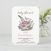 Invitation Champignons Papillon rose rayures Baby shower (Debout devant)