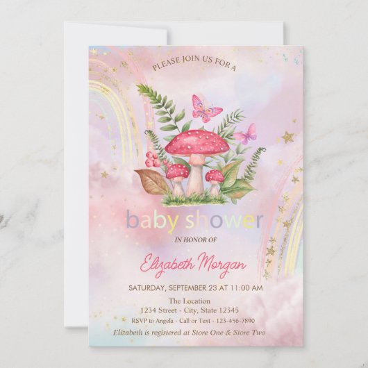 Invitation Champignons Papillons Arc-en-ciel Baby shower Flor (Devant)