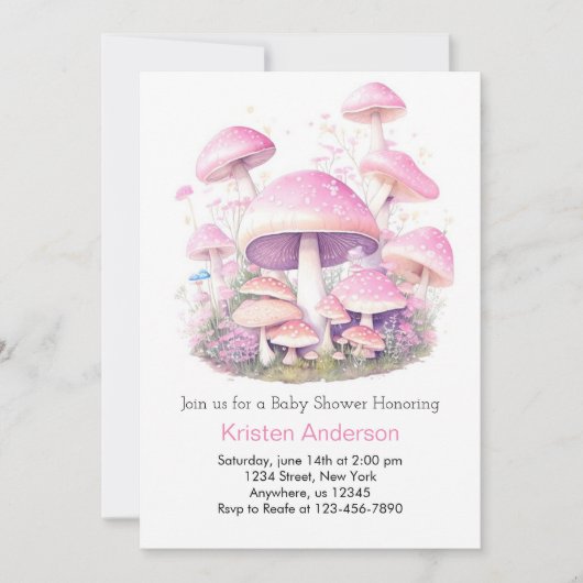 Invitation Champignons roses Whimsical Woodland Baby shower f (Devant)