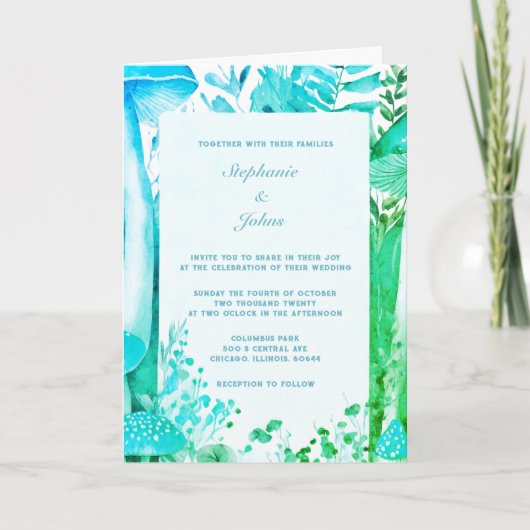 Invitation Champignons verts Bleus Bois Boho Mariage Abstrait (Devant)