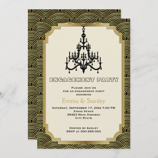 Invitation Chandelier Art déco mariage d'engagement en or (Devant / Derrière)