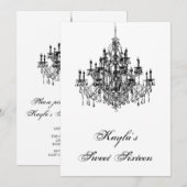 Invitation Chandelier blanc noir Sweet 16 Anniversaire (Devant / Derrière)