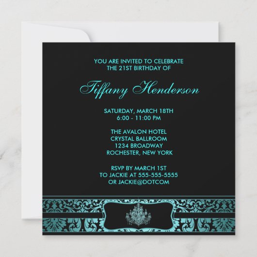 Invitation Chandelier bleu turquoise femmes fête de 21e anniv (Dos)