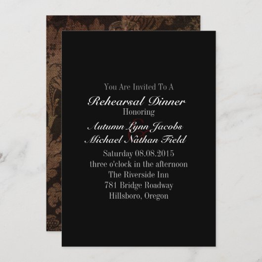 Invitation chandelier damassé rustique mariage Rehearsal Dîne (Devant / Derrière)