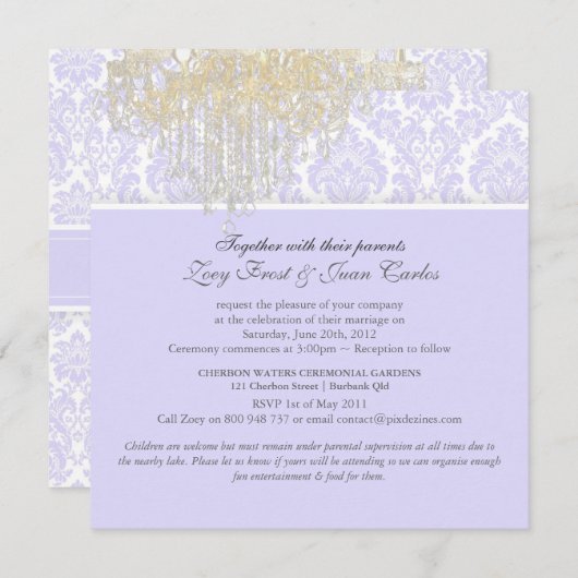 Invitation Chandelier de cristal PixDezines+Moiré Damask/viol (Devant / Derrière)