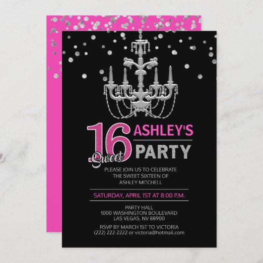 Invitation Chandelier en argent rose chaud SWEET SIXTEEN 16 P (Devant / Derrière)