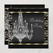 Invitation Chandelier en cristal Noir Damas fête d'anniversai (Devant / Derrière)