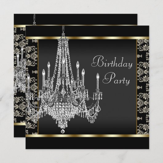 Invitation Chandelier en cristal Noir Damas fête d'anniversai (Devant / Derrière)