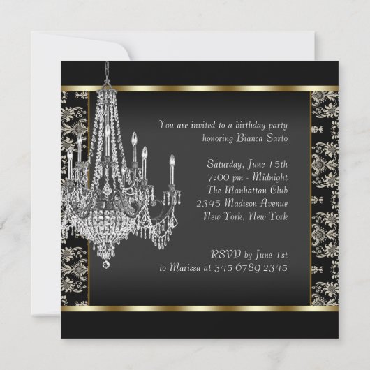 Invitation Chandelier en cristal Noir Damas fête d'anniversai (Dos)