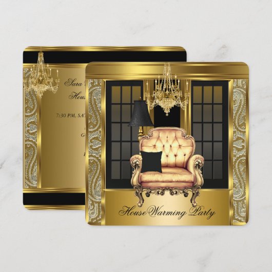 Invitation Chandelier en or de la Fête de Chauffage de ménage (Devant / Derrière)