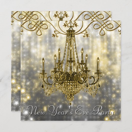 Invitation Chandelier en or noir Confetti Nouvel An (Devant / Derrière)