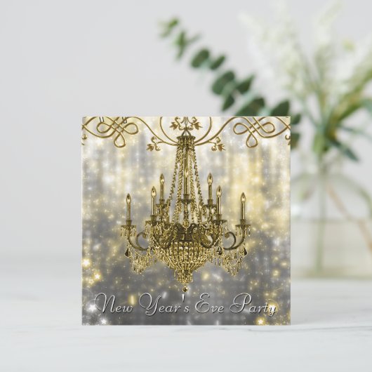 Invitation Chandelier en or noir Confetti Nouvel An (Debout devant)