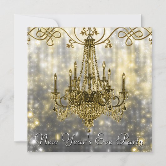 Invitation Chandelier en or noir Confetti Nouvel An (Devant)