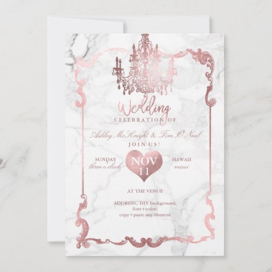 Invitation Chandelier en or Rose PixDezines/Coeur/Marbre (Dos)