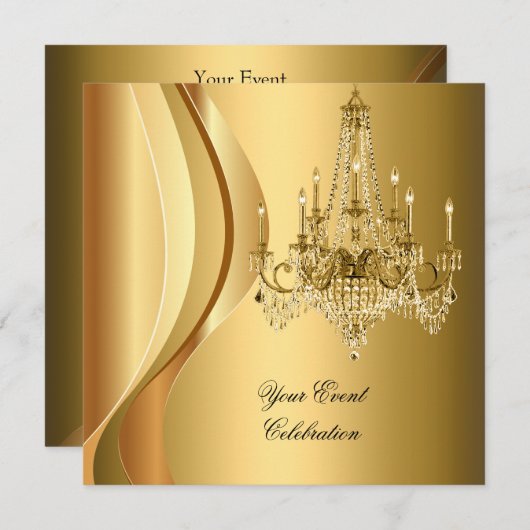 Invitation Chandelier Gold Elegant Party (Devant / Derrière)