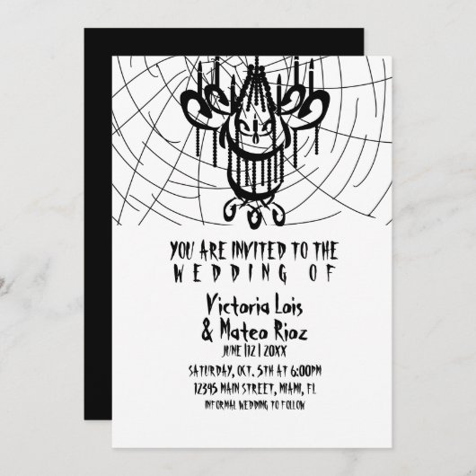 Invitation Chandelier gothique Mariage araignée Web noir (Devant / Derrière)