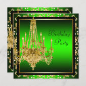 Invitation Chandelier Lime Green Gold Damask Anniversaire (Devant / Derrière)