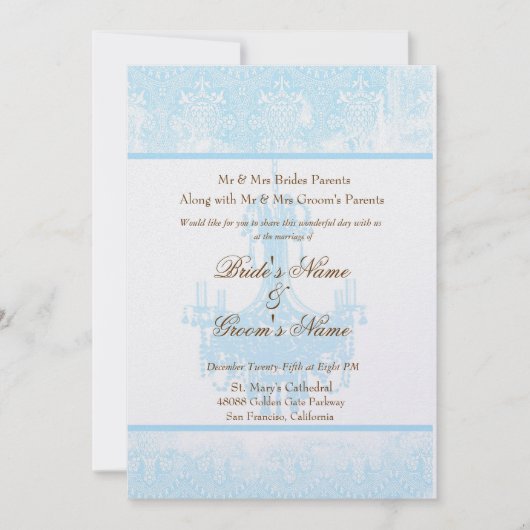 Invitation Chandelier Mariage Aqua Blue Antique Damask (Devant)