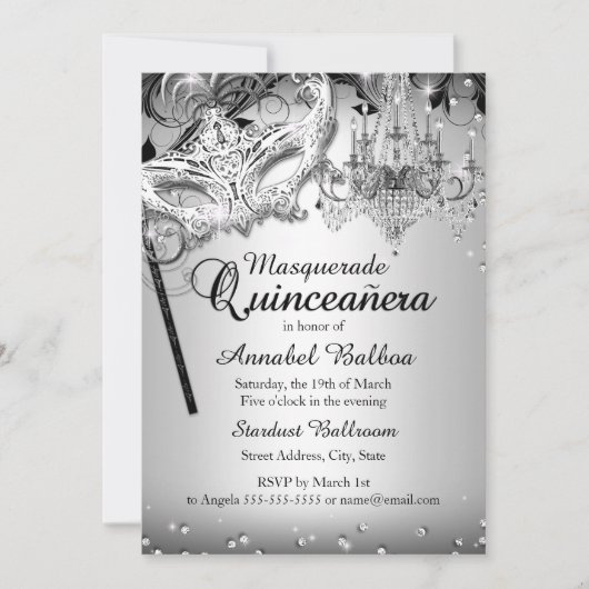 Invitation Chandelier Masquerade argent Quinceanera Invitatio (Devant)