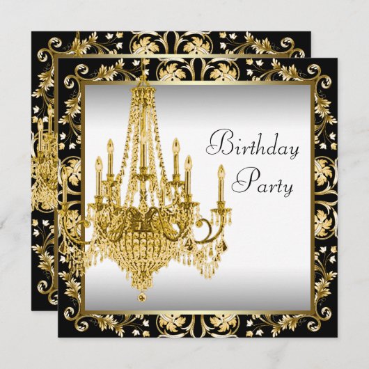 Invitation Chandelier noir blanc or fête d'anniversaire (Devant / Derrière)