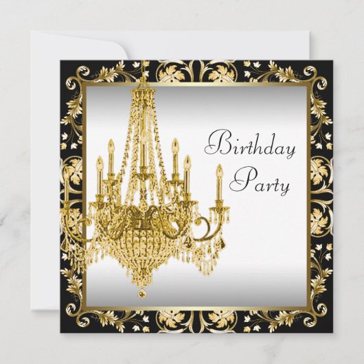 Invitation Chandelier noir blanc or fête d'anniversaire (Devant)