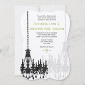 Invitation Chandelier noir gris vert damassé Mariage (Devant)