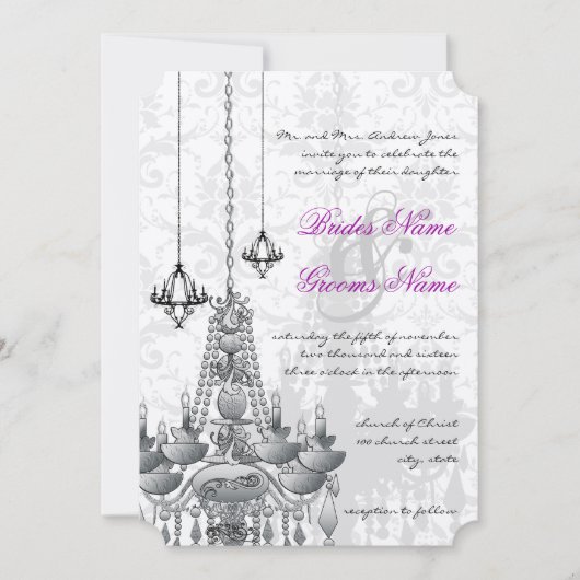 Invitation Chandelier noir rose gris Mariage damassé (Devant)
