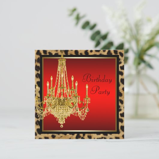 Invitation Chandelier noir rouge léopard or fête d'anniversai (Debout devant)