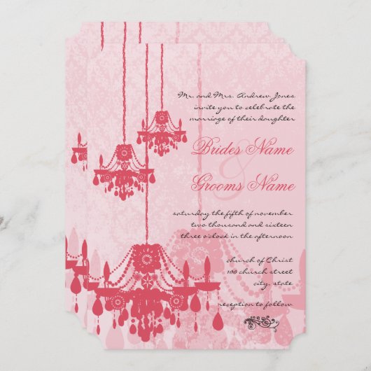 Invitation Chandelier rose glace fraise Mariage damassé (Devant / Derrière)