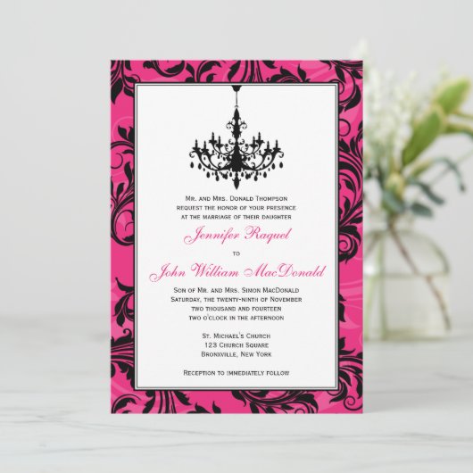 Invitation Chandelier rose noir blanc manuscrit Mariage Invit (Debout devant)