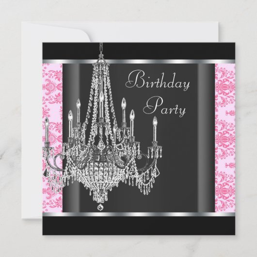 Invitation Chandelier rose noir Damas fête d'anniversaire (Devant)