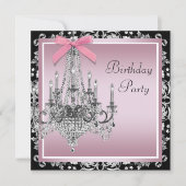 Invitation Chandelier rose noir Damas fête d'anniversaire (Devant)