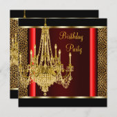 Invitation Chandelier rouge or Leopard fête d'anniversaire (Devant / Derrière)
