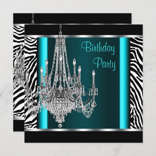 Invitation Chandelier Turquoise Blue Zebra Anniversaire (Devant / Derrière)