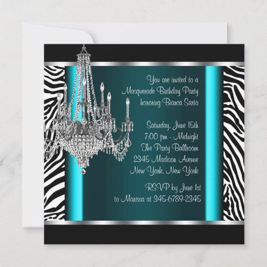 Invitation Chandelier Turquoise Blue Zebra Masquerade Party (Dos)