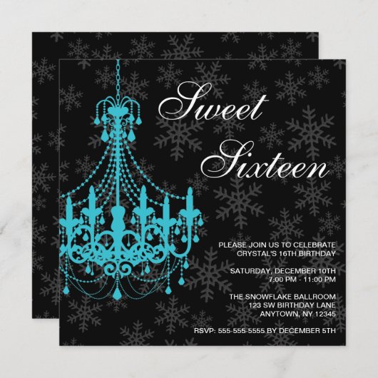 Invitation Chandelier Turquoise Flammes de neige noires Douce (Devant / Derrière)