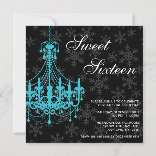 Invitation Chandelier Turquoise Flammes de neige noires Douce (Devant)
