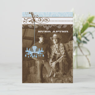 Invitation Chandelier Vintage bleu et Brown Damas Votre photo